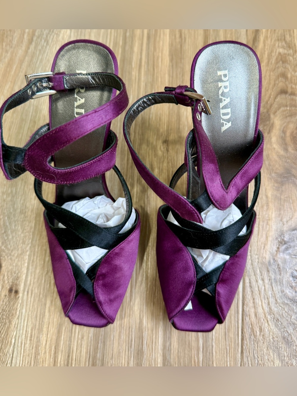 Prada Milano Satin & Leather Platform Sandals Purple Black Size 38 Made in Italy - Picture 4 of 9